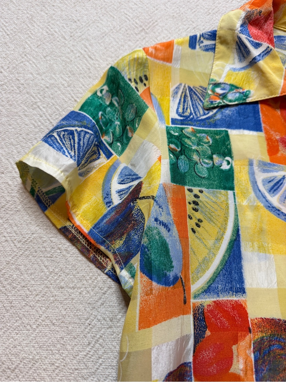 VTG 80s Fruit Print Yellow Patchwork Rayon Satin Popover Twiggy Dress S Mini - Picture 5 of 8